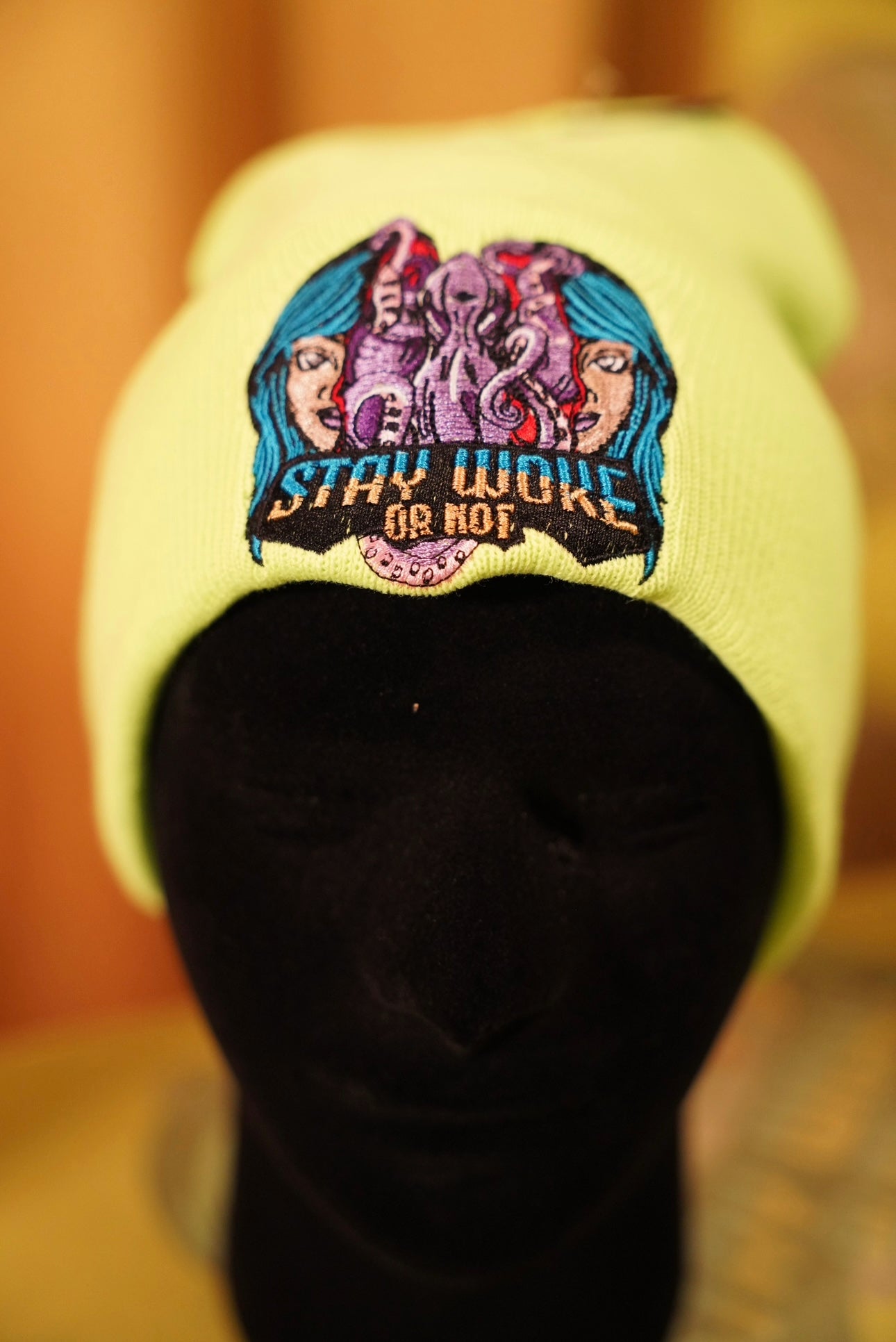 Stay Woke Or Not Neon Yellow Beanie