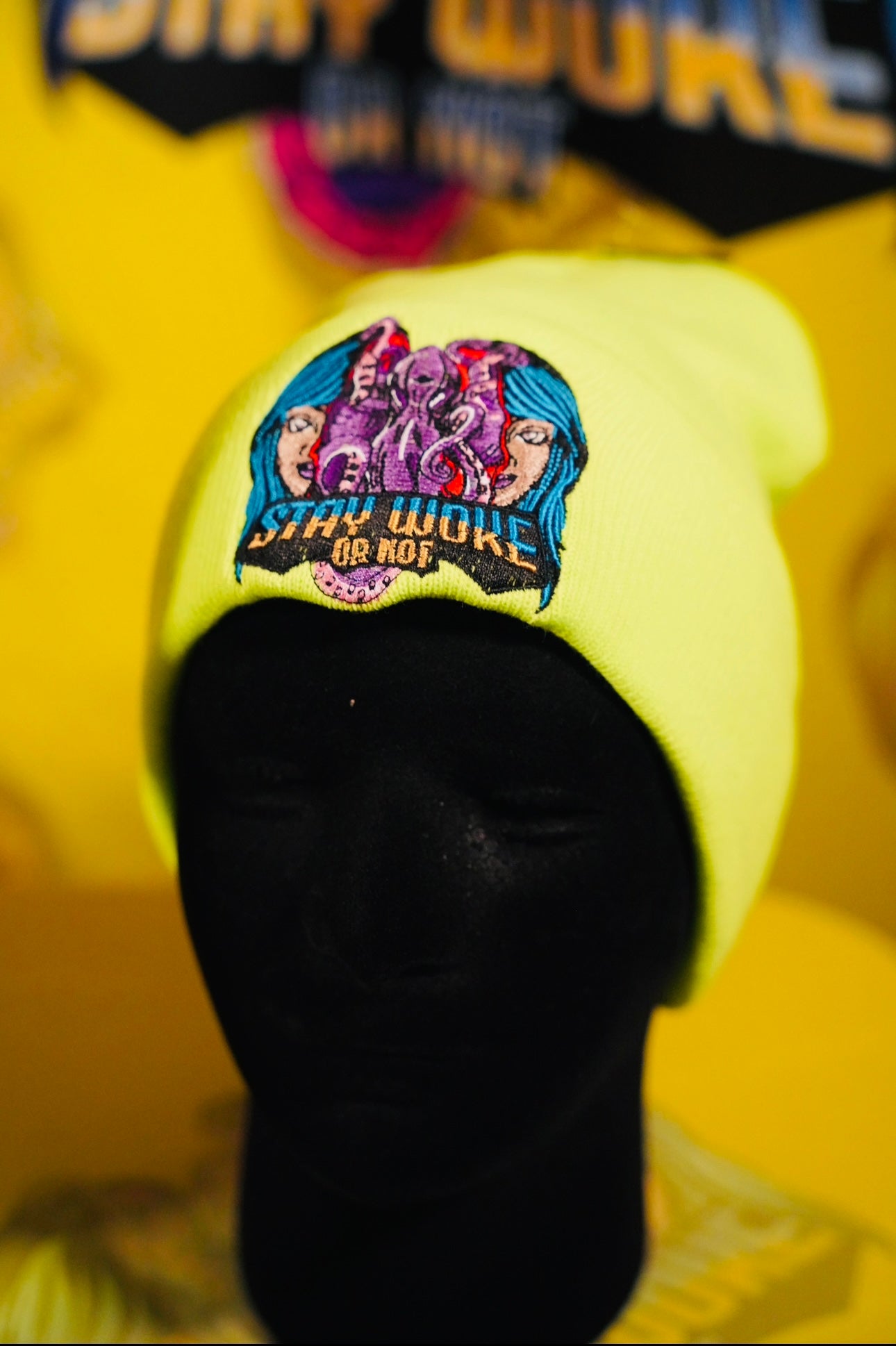 Stay Woke Or Not Neon Yellow Beanie